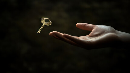 Close-up shot of a hand gracefully reaching towards a floating key, sharp contrast between subject and solid muted background, elegant lighting with gentle highlights