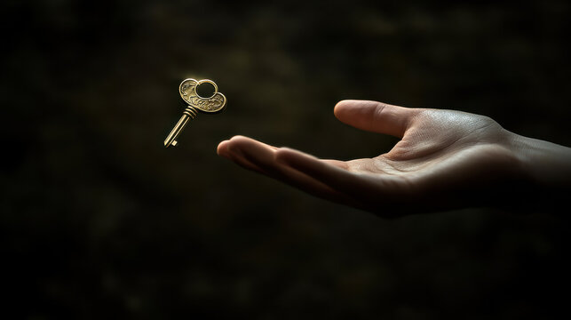 Close-up shot of a hand gracefully reaching towards a floating key, sharp contrast between subject and solid muted background, elegant lighting with gentle highlights