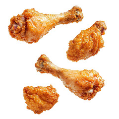Fried chicken legs falling in the air Isolated on a transparent background