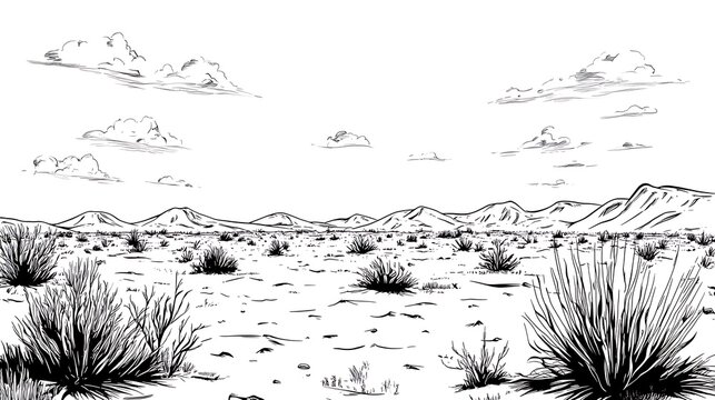 Desert landscape sketch with sun, and clouds.