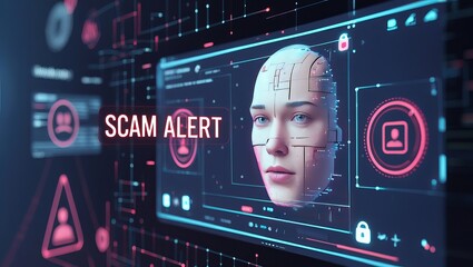 Digital illustration of a robotic face with a scam alert message, symbolizing technology and security concerns.