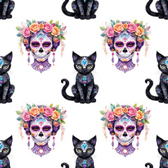 Fototapeta premium Colorful decorative pattern featuring sugar skulls and black cats celebrating cultural traditions