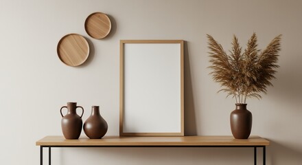 Elegant living room interior featuring frame mockup, vase with pampas grass and decor