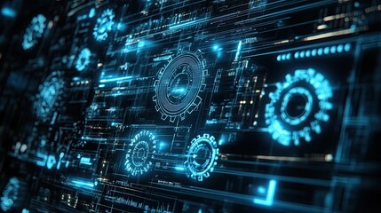 Obraz premium A blueprint-style design featuring gears, wires, and glowing circuit lines. 