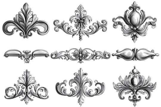 Silver Baroque Ornament Collection Design Elements isolated on transparent background