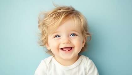 Naklejka premium Happy Baby Smiling for Blue Background.