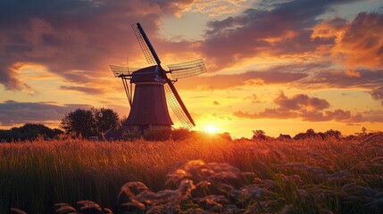 A serene sunset over a picturesque windmill. The vibrant colors of the sky and field create a captivating scene. Experience the tranquility of nature. Generative AI
