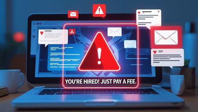 A digital warning on a laptop screen alerts users about a scam promising employment for a fee.