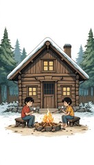 Two Children Roast Marshmallows by a Cozy Cabin Fire in Snowy Woods