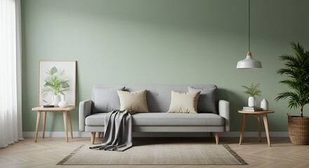 Minimalist living room interior design with sofa, plant, and green wall