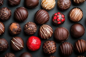 Assorted chocolate truffles with toppings lay on dark surface. Perfect for ads, menus, blogs, sweet indulgence themes.
