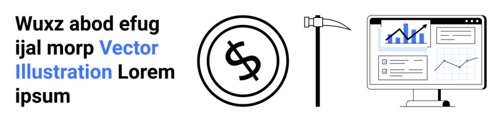 Computer screen displaying analytics, pickaxe symbolizing mining, dollar coin representing finance. Ideal for finance, cryptocurrency, data mining, technology, investments, analytics digital
