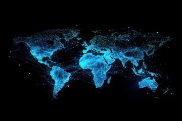 Global network connections, digital world map, dark background, data visualization, website background