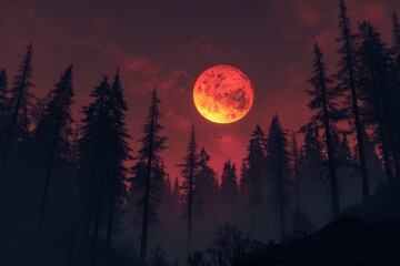 Blood red moon rising over a dark forest silhouette at night.