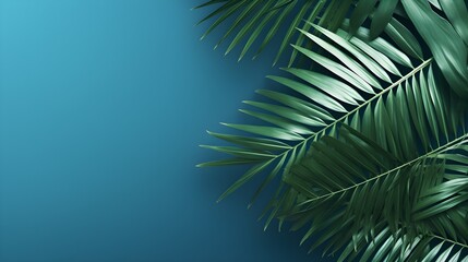 Fototapeta premium Lush Green Tropical Palm Leaves on Teal Background Summer Nature Exotic Foliage