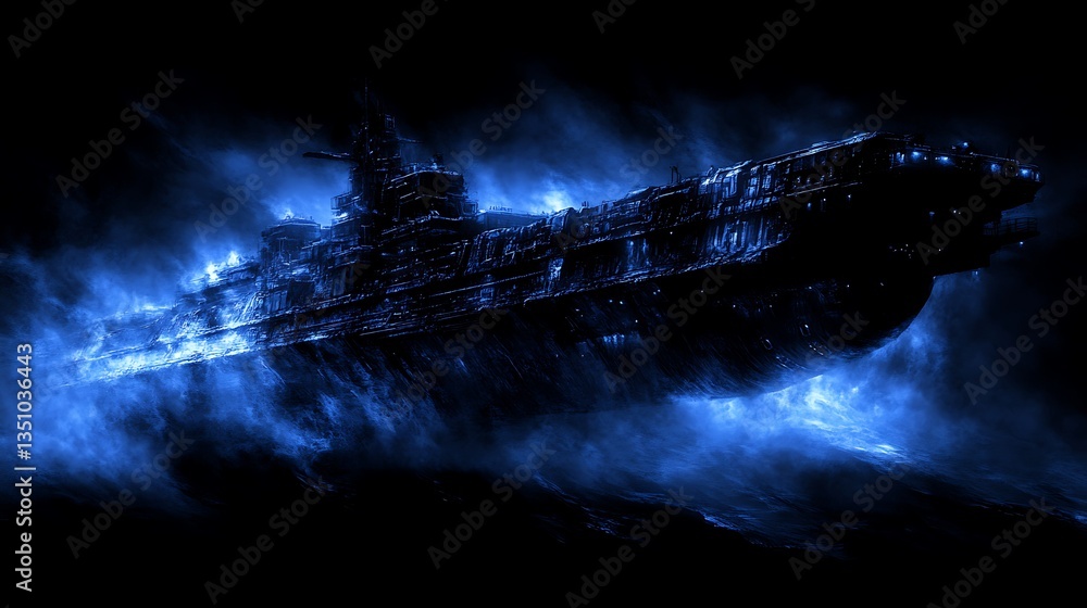Poster a large futuristic battleship traversing through a glowing nebula