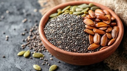 Naklejka premium Healthy Seeds Mix in Rustic Bowl Chia Pumpkin Sunflower