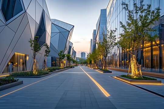 A modern avenue lined with geometrically unique office buildings and soft ambient lighting.