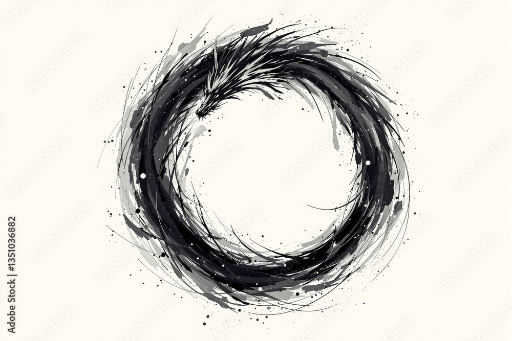 Poster abstract ink dragon forming a circular shape with dynamic brush strokes on a bright background, expr