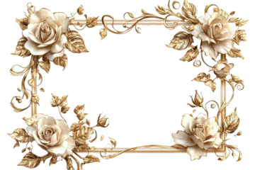 Elegant gold frame with white roses floral design luxurious decoration isolated on transparent background