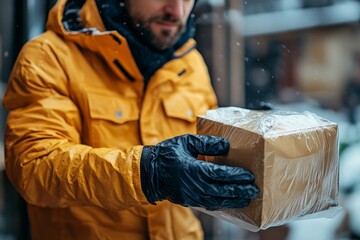 A food delivery worker handling a sealed meal package, ensuring hygiene, safe food transport, and compliance with health standards.