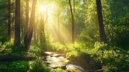 Fototapeta premium Sunlit Forest Stream with Morning Mist.