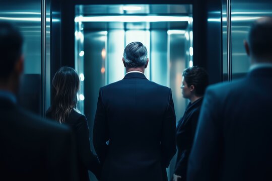 Business professionals in suits, men standing in an elevator, focused on upcoming challenges, modern corporate setting. - Powered by Adobe