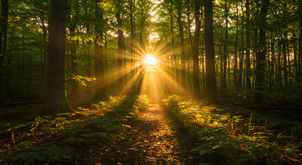 Naklejka premium Sun rays shining through the trees in the forrest 