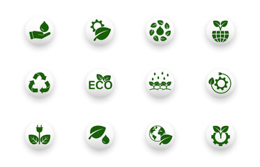 Solid vector icon set with ecology, eco, water, trees, nature, recycle symbols.