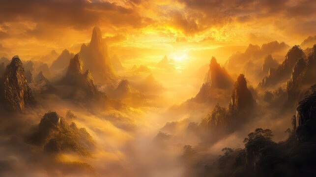 Golden sunrise over misty mountain valley