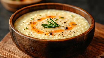 Creamy Millet Soup with Wooden Bowl.