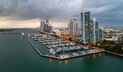 Miami Beach aerial drone view with skyline. Miami from above. Drone view of Miamis famous...