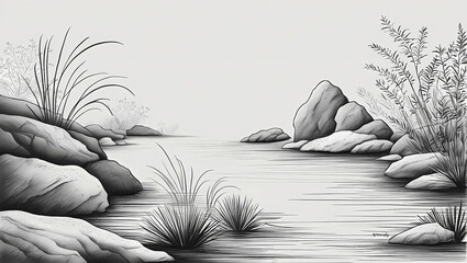 A serene landscape drawing highlighting subtle textures in black and white.  
