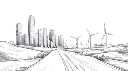 Obraz premium Sketchy city road with wind turbines, urban landscape