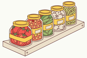 88 Glass jars, preserved foods, yellow lids, tomato sauce, pickled vegetables, olives, garlic cloves, peppers, artichoke hearts, mushrooms, assorted pickles, pantry staples, colorful array, transparen