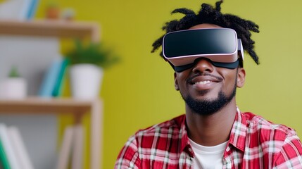 A young casually dressed professional using a virtual reality headset in a bright contemporary office environment exploring the latest digital technologies and innovations