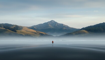 Lone Figure for Misty Mountain, Coastal Dawn.