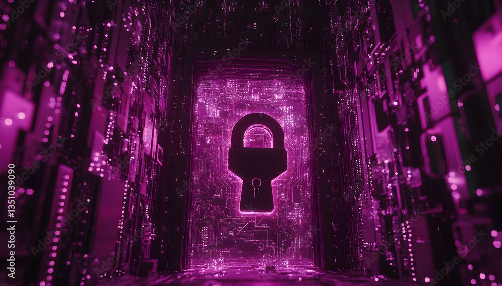 Aufkleber futuristic digital security concept glowing padlock within a vibrant purple circuit board. abstract 