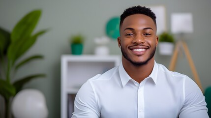 Naklejka premium A young confident looking Black man standing in a bright modern office setting and smiling conveying a sense of professionalism and success