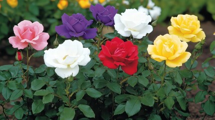 Fototapeta premium Colorful Roses in Bloom with Green Foliage and Vibrant Petals