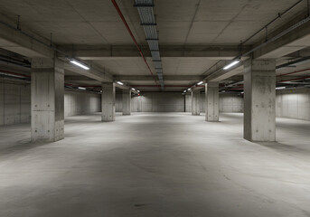 The basement room on the bottom floor of the building's parking lot is empty in an industrial cast concrete style. Abstract modern minimal background