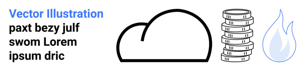 Cloud outline illustrating storage, coin stack representing cost and economy, and flame icon symbolizing energy use. Ideal for technology, finance, sustainability, cost management, cloud services