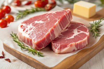 Fototapeta premium Fresh raw pork steaks with marbled texture on a wooden board, garnished with rosemary. Bright background with tomatoes and butter. Ai generative