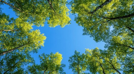 Looking up through lush green treetops against a vibrant blue summer sky. Use this for nature, growth, calm, or environmental themed projects.