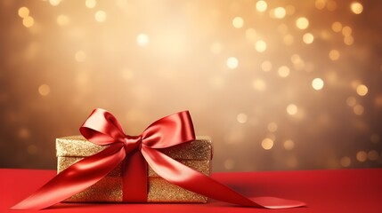 Festive Gold Gift Box with Red Ribbon on Red Background Sparkling Lights