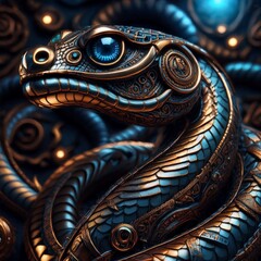 Fototapeta premium A biomechanical serpent with a sapphire gaze. Precision-built in bronze and steel, it coils through chaos, blending reptilian elegance with the logic of machines and the mystery of myth