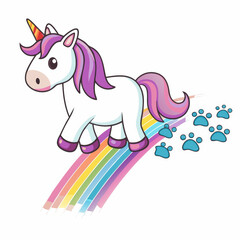 Fototapeta premium Gnome and Unicorn, whimsical unicorn prances joyfully across vibrant rainbow leaving colorful paw prints behind
