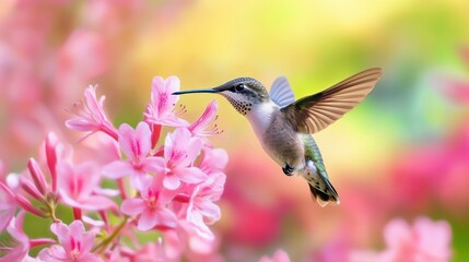 Fototapeta premium Hummingbird feeding on pink flowers in spring garden; nature; beautiful image; perfect for desktop backgrounds