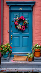 Welcoming Vibrant Entrance with Floral Wreath and Clean Steps Inviting You In