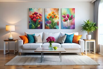 Minimalist Living Room with Beautiful Flower Paintings on Wall